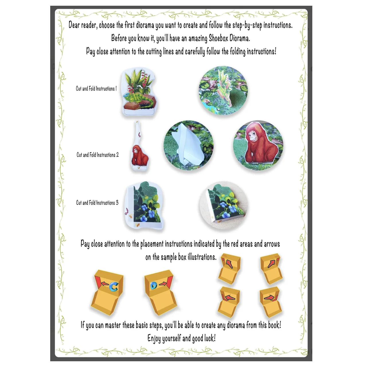 Rainforest shoebox diorama printable page with visual shoebox placement icon and arrow guide